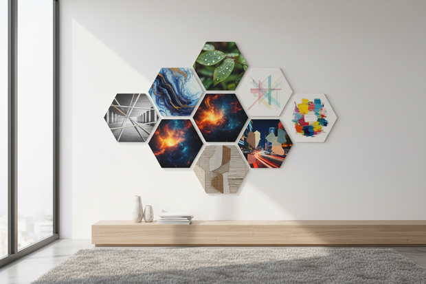 nine hexagonal frameless canvases